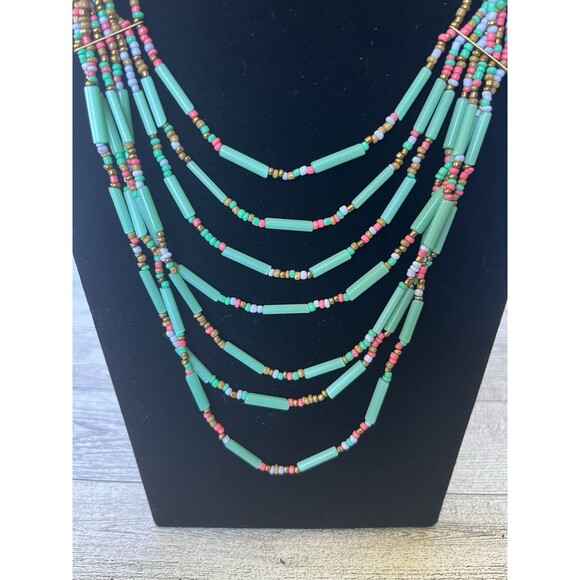 ZAD Boho Seed Bead Beaded Multicolor Necklace Turquoise Purple Pink Gold - Picture 2 of 5